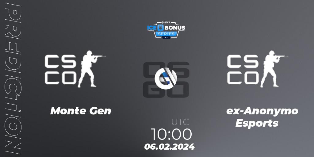 Monte Gen contre ex-Anonymo Esports : prédiction de match. 06.02.2024 at 10:00. Counter-Strike (CS2), IceBonus Series #1