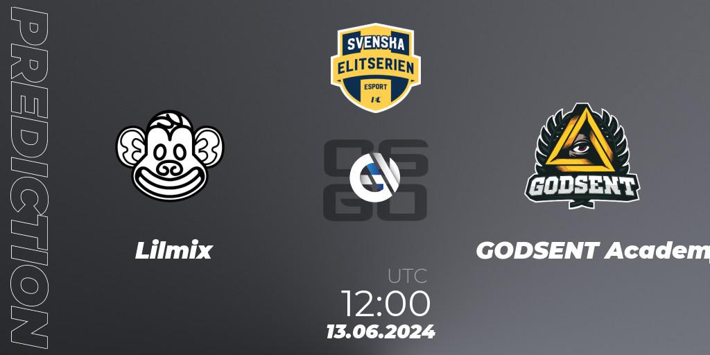 Lilmix contre GODSENT Academy : prédiction de match. 13.06.2024 at 13:40. Counter-Strike (CS2), Svenska Elitserien Spring 2024