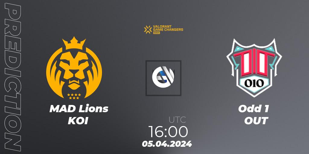 MAD Lions KOI contre Odd 1 OUT : prédiction de match. 05.04.2024 at 16:00. VALORANT, VCT 2024: Game Changers EMEA Contenders Series 1