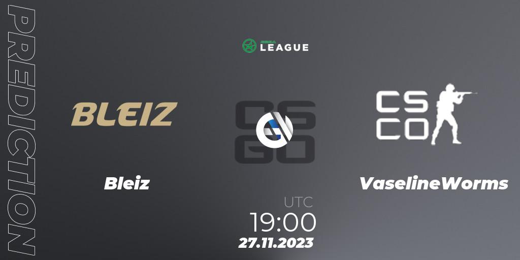 Bleiz contre VaselineWorms : prédiction de match. 27.11.2023 at 19:00. Counter-Strike (CS2), ESEA Season 47: Advanced Division - Europe