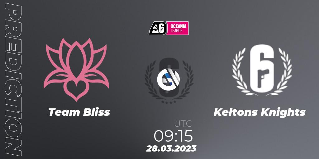 Team Bliss contre Keltons Knights : prédiction de match. 28.03.2023 at 09:15. Rainbow Six, Oceania League 2023 - Stage 1