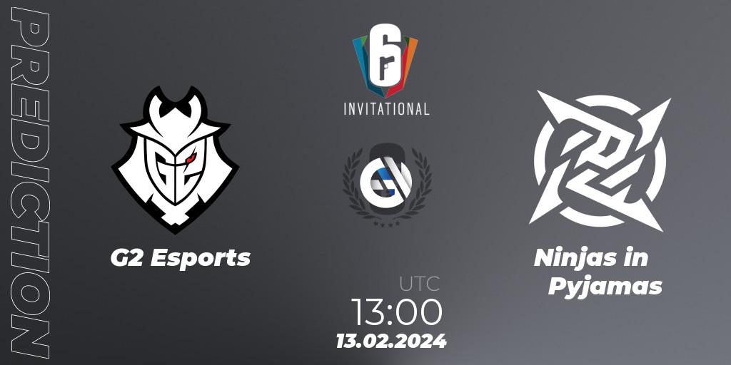 G2 Esports contre Ninjas in Pyjamas : prédiction de match. 13.02.2024 at 13:00. Rainbow Six, Six Invitational 2024 - Group Stage
