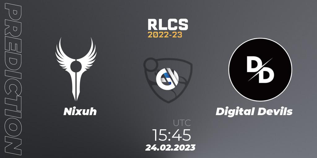 Nixuh contre Digital Devils : prédiction de match. 24.02.2023 at 15:45. Rocket League, RLCS 2022-23 - Winter: Sub-Saharan Africa Regional 3 - Winter Invitational