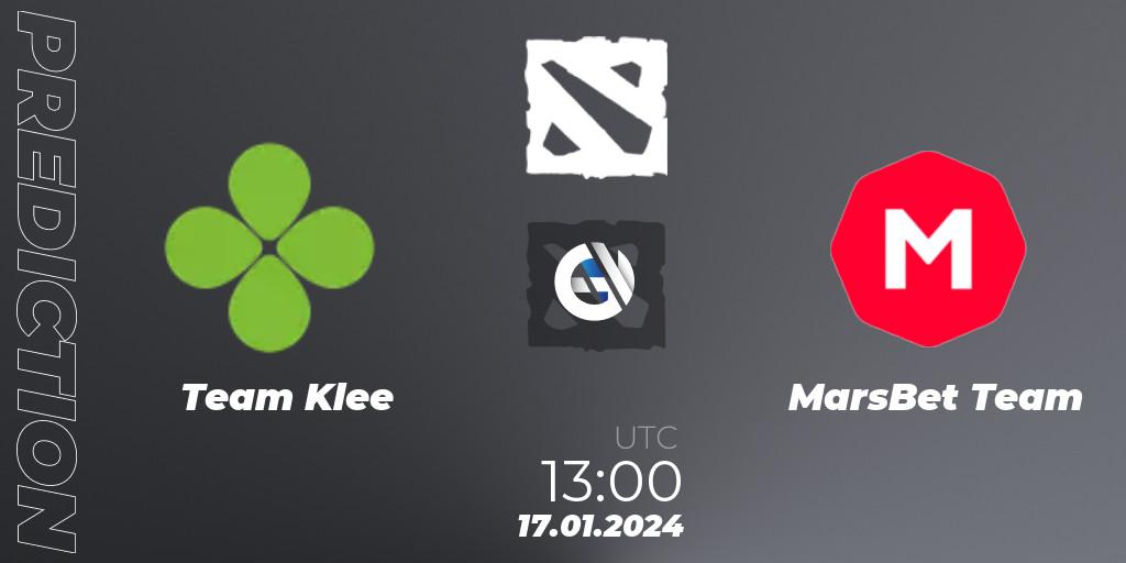 Team Klee contre MarsBet Team : prédiction de match. 01.02.2024 at 13:01. Dota 2, European Pro League Season 16