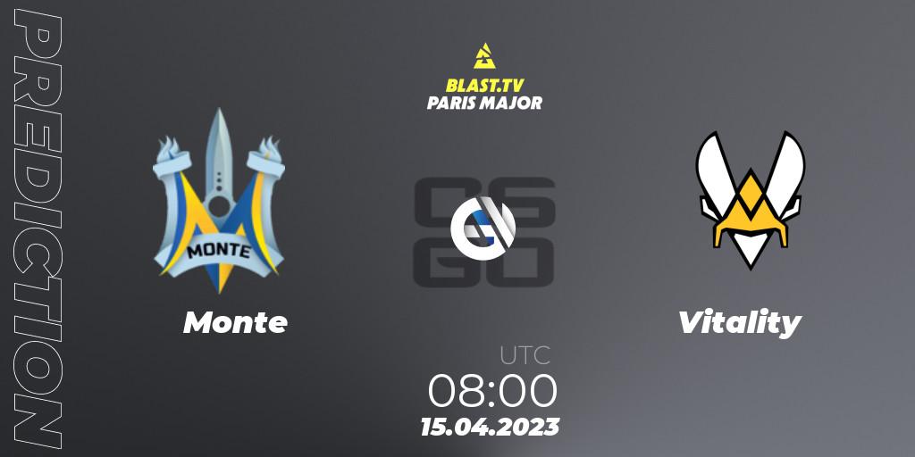 Monte contre Vitality : prédiction de match. 15.04.2023 at 08:00. Counter-Strike (CS2), BLAST.tv Paris Major 2023 Europe RMR B