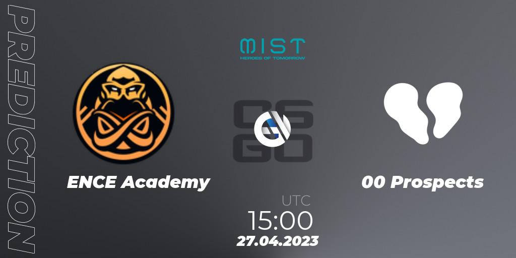 ENCE Academy contre 00 Prospects : prédiction de match. 27.04.2023 at 16:00. Counter-Strike (CS2), MistGames Heroes of Lofoten