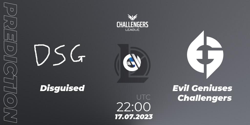 Disguised contre Evil Geniuses Challengers : prédiction de match. 17.06.2023 at 20:00. LoL, North American Challengers League 2023 Summer - Group Stage