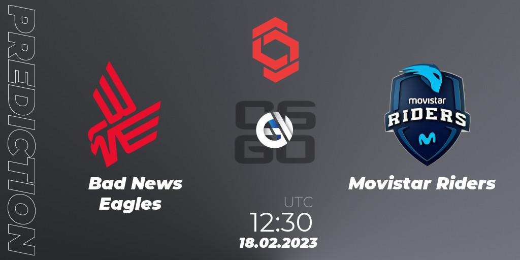 Bad News Eagles contre Movistar Riders : prédiction de match. 18.02.2023 at 12:30. Counter-Strike (CS2), CCT Central Europe Series Finals #1