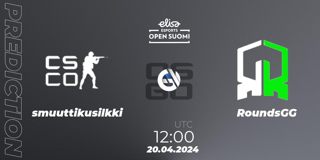 smuuttikusilkki contre RoundsGG : prédiction de match. 20.04.2024 at 12:00. Counter-Strike (CS2), Elisa Open Suomi Season 6