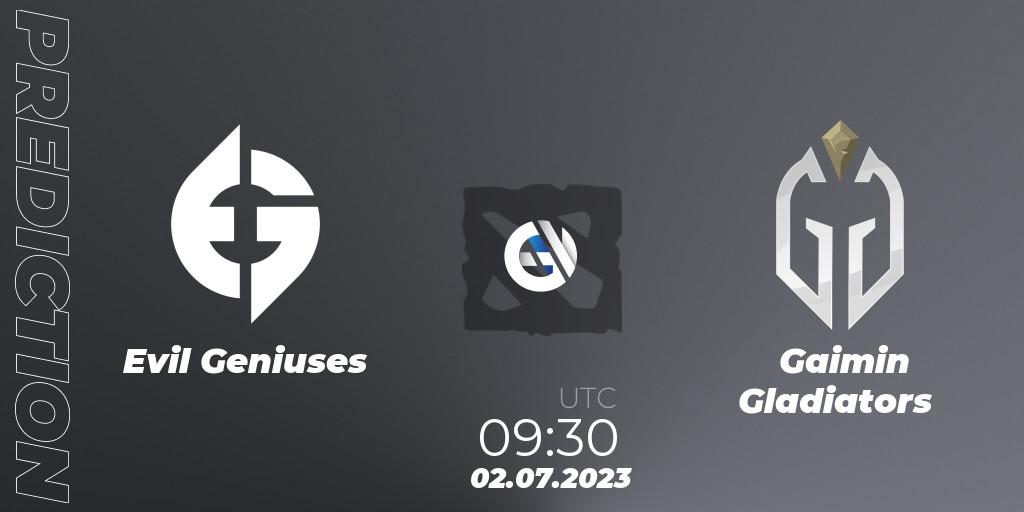 Evil Geniuses contre Gaimin Gladiators : prédiction de match. 02.07.2023 at 09:54. Dota 2, Bali Major 2023 - Group Stage