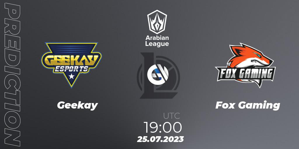 Geekay contre Fox Gaming : prédiction de match. 25.07.2023 at 20:00. LoL, Arabian League Summer 2023 - Group Stage