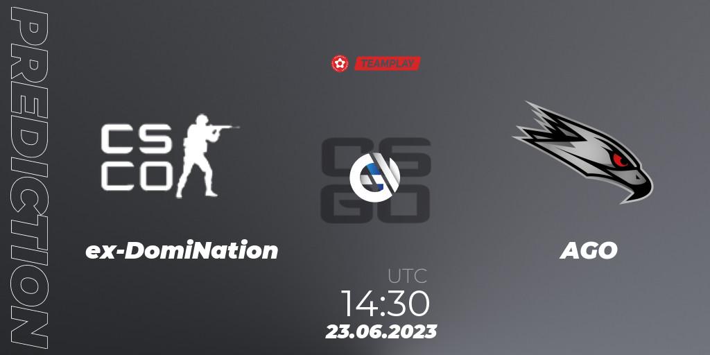 ex-DomiNation contre AGO : prédiction de match. 23.06.2023 at 15:15. Counter-Strike (CS2), LEON x TEAMPLAY Season 1
