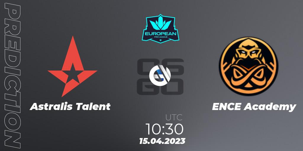 Astralis Talent contre ENCE Academy : prédiction de match. 15.04.2023 at 09:00. Counter-Strike (CS2), European Pro League Season 7