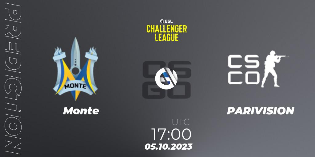 Monte contre PARIVISION : prédiction de match. 05.10.2023 at 17:00. Counter-Strike (CS2), ESL Challenger League Season 46: Europe