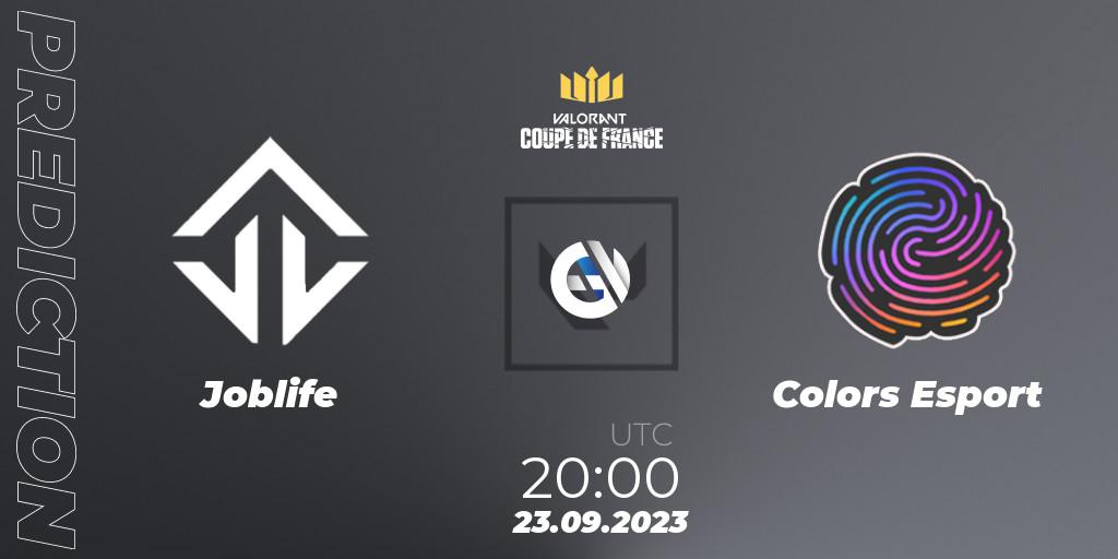Joblife contre Colors Esport : prédiction de match. 23.09.2023 at 20:00. VALORANT, VCL France: Revolution - Coupe De France 2023