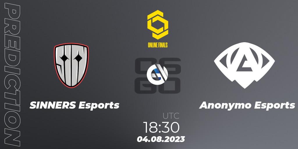 SINNERS Esports contre Anonymo Esports : prédiction de match. 04.08.2023 at 20:35. Counter-Strike (CS2), CCT 2023 Online Finals 2