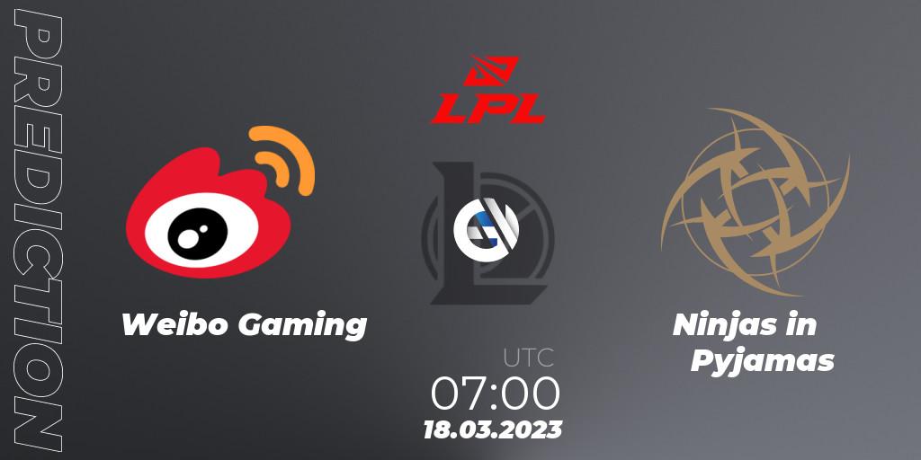 Weibo Gaming contre Ninjas in Pyjamas : prédiction de match. 18.03.2023 at 07:00. LoL, LPL Spring 2023 - Group Stage