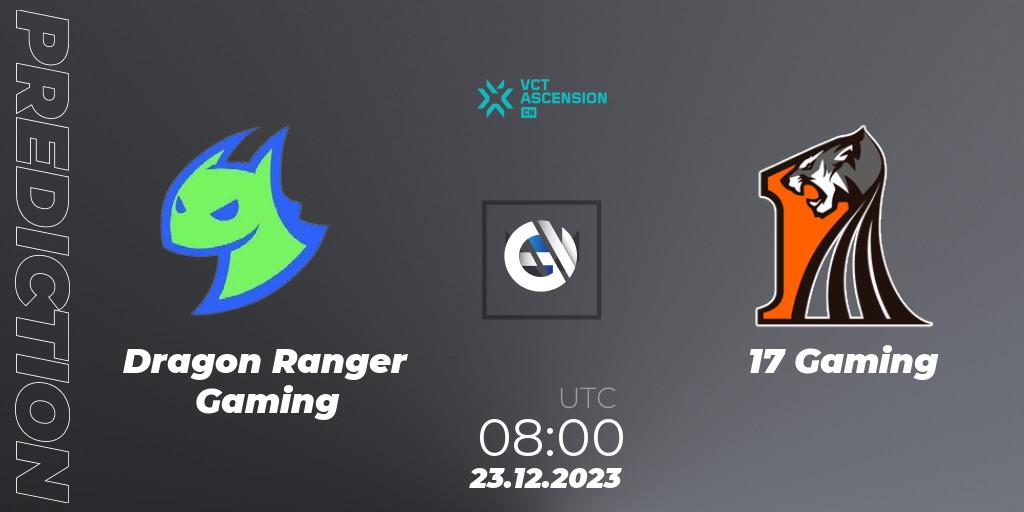 Dragon Ranger Gaming contre 17 Gaming : prédiction de match. 23.12.2023 at 08:40. VALORANT, VALORANT China Ascension 2023