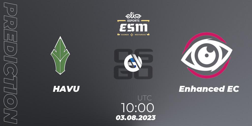 HAVU contre Enhanced EC : prédiction de match. 03.08.2023 at 10:00. Counter-Strike (CS2), Elisa Esports eSM 2023
