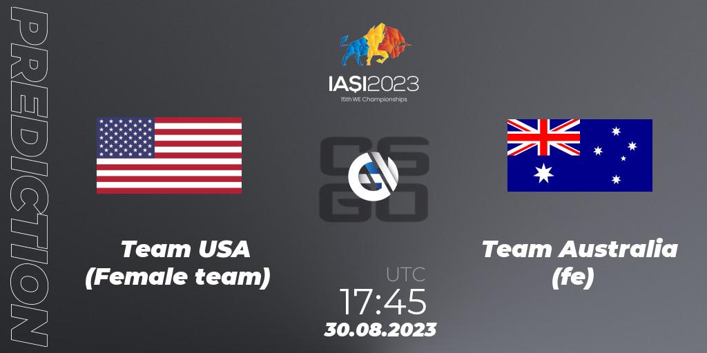 Team USA (Female team) contre Team Australia (fe) : prédiction de match. 31.08.2023 at 10:20. Counter-Strike (CS2), IESF Female World Esports Championship 2023