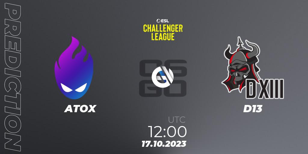 ATOX contre D13 : prédiction de match. 17.10.23. CS2 (CS:GO), ESL Challenger League Season 46: Asia-Pacific