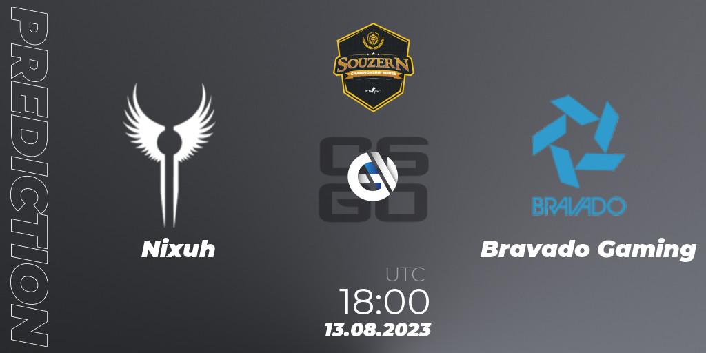 Nixuh contre Bravado Gaming : prédiction de match. 13.08.2023 at 18:00. Counter-Strike (CS2), SOUZERN Championship Series Season 1
