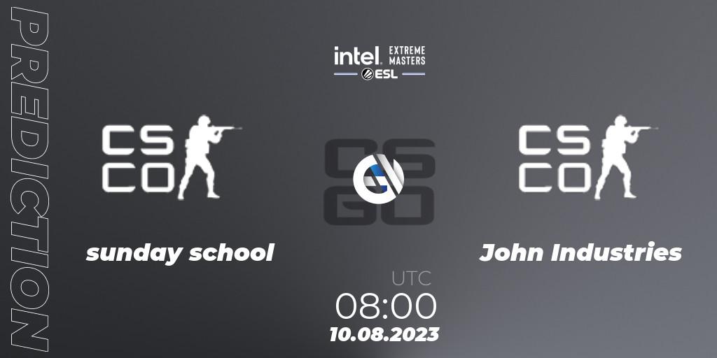 sunday school contre John Industries : prédiction de match. 10.08.2023 at 08:00. Counter-Strike (CS2), IEM Sydney 2023 Oceania Open Qualifier 1