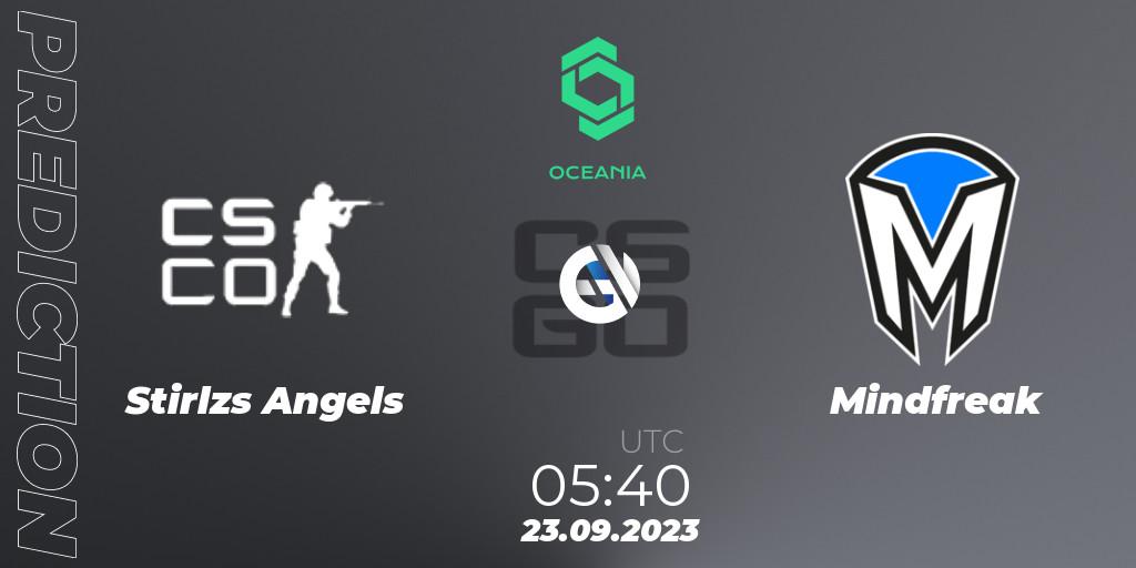 Stirlzs Angels contre Mindfreak : prédiction de match. 29.09.2023 at 11:00. Counter-Strike (CS2), CCT Oceania Series #2