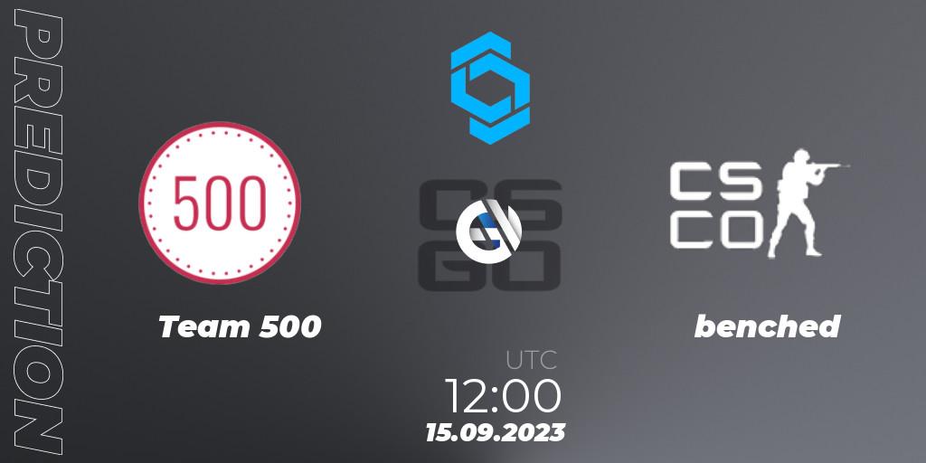 Team 500 contre benched : prédiction de match. 15.09.2023 at 12:00. Counter-Strike (CS2), CCT East Europe Series #2