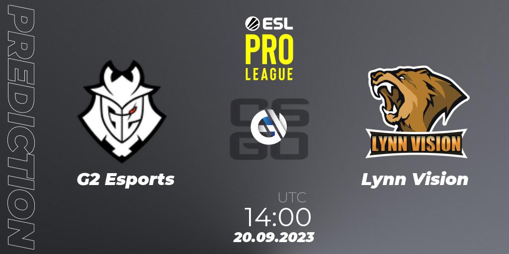 G2 Esports contre Lynn Vision : prédiction de match. 20.09.2023 at 14:00. Counter-Strike (CS2), ESL Pro League Season 18