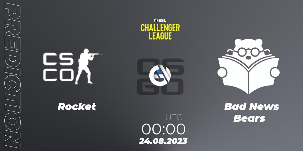 Rocket contre Bad News Bears : prédiction de match. 24.08.2023 at 00:00. Counter-Strike (CS2), ESL Challenger League Season 46: North America