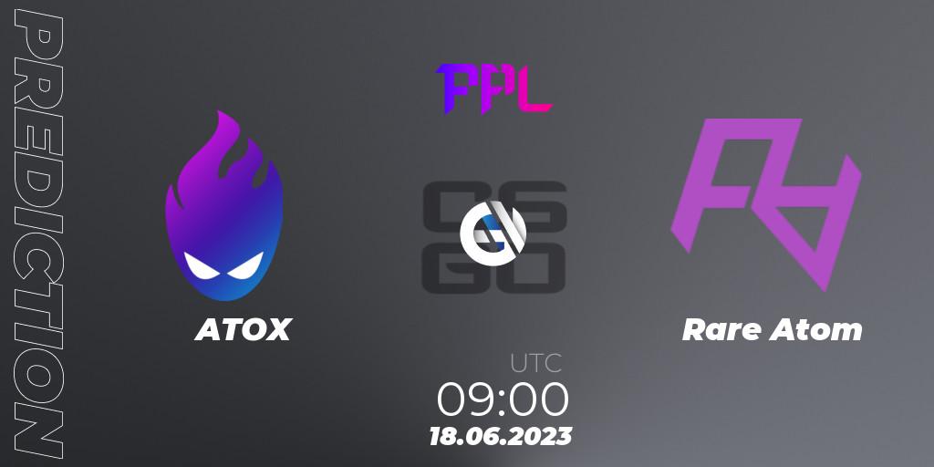 ATOX contre Rare Atom : prédiction de match. 18.06.2023 at 09:00. Counter-Strike (CS2), Perfect World Arena Premier League Season 4