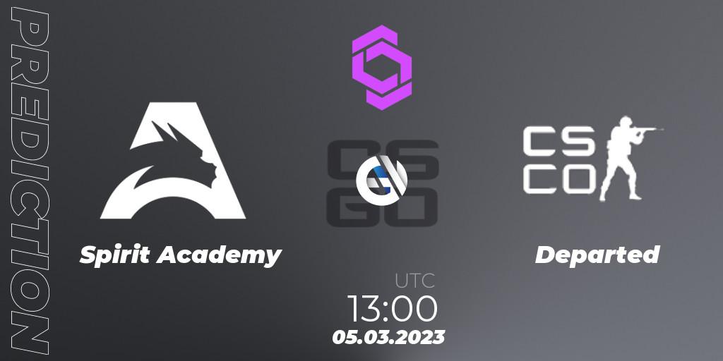 Spirit Academy contre Departed : prédiction de match. 05.03.2023 at 13:00. Counter-Strike (CS2), CCT West Europe Series 2 Closed Qualifier