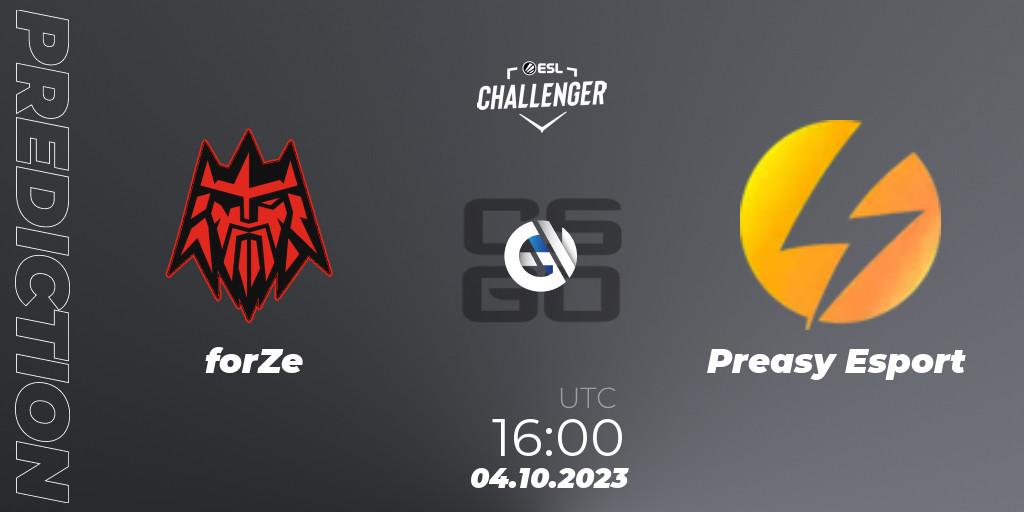 forZe contre Preasy Esport : prédiction de match. 04.10.2023 at 16:00. Counter-Strike (CS2), ESL Challenger at DreamHack Winter 2023: European Open Qualifier