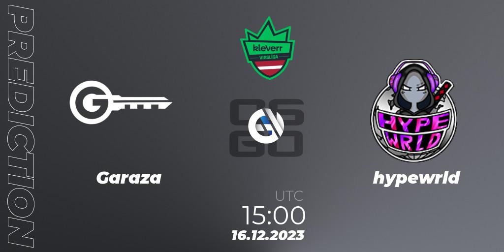 Garaza contre hypewrld : prédiction de match. 16.12.2023 at 15:00. Counter-Strike (CS2), kleverr Virsliga Season 1 Finals