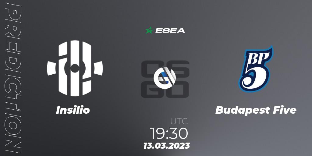 Insilio contre Budapest Five : prédiction de match. 13.03.2023 at 16:00. Counter-Strike (CS2), ESEA Season 44: Advanced Division - Europe