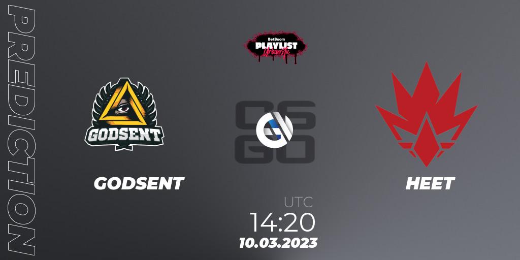 GODSENT contre HEET : prédiction de match. 10.03.2023 at 14:20. Counter-Strike (CS2), BetBoom Playlist. Urbanistic