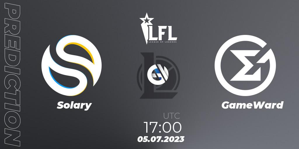 Solary contre GameWard : prédiction de match. 05.07.2023 at 16:00. LoL, LFL Summer 2023 - Group Stage