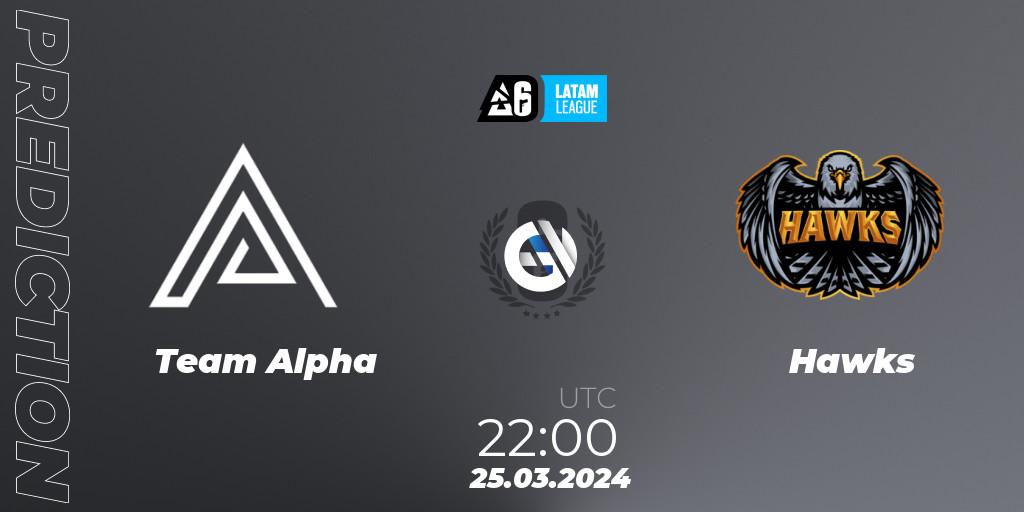 Team Alpha contre Hawks : prédiction de match. 25.03.2024 at 22:00. Rainbow Six, LATAM League 2024 - Stage 1: LATAM South