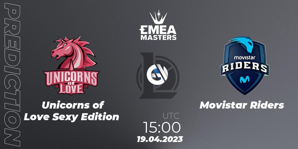 Unicorns of Love Sexy Edition contre Movistar Riders : prédiction de match. 19.04.2023 at 15:00. LoL, EMEA Masters Spring 2023 - Playoffs