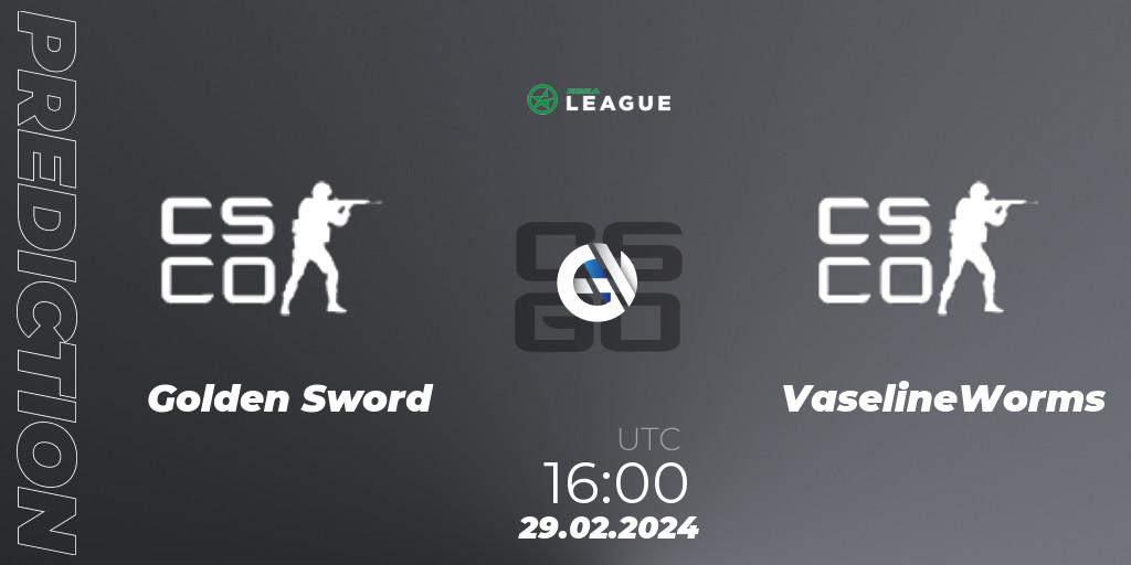 Golden Sword contre VaselineWorms : prédiction de match. 29.02.2024 at 16:00. Counter-Strike (CS2), ESEA Season 48: Advanced Division - Europe