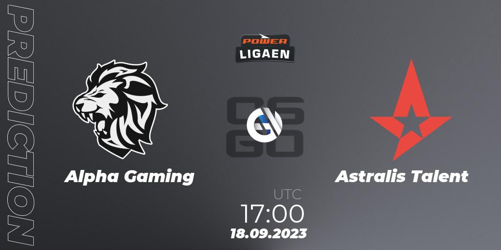Alpha Gaming contre Astralis Talent : prédiction de match. 18.09.2023 at 17:00. Counter-Strike (CS2), POWER Ligaen Season 24 Finals