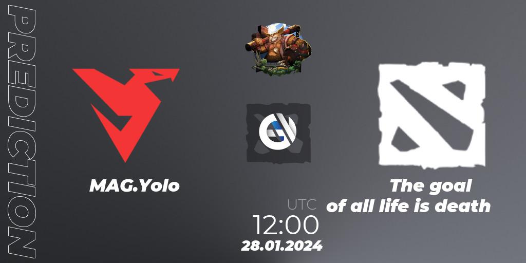 MAG.Yolo contre The goal of all life is death : prédiction de match. 28.01.2024 at 12:00. Dota 2, ESL One Birmingham 2024: China Closed Qualifier