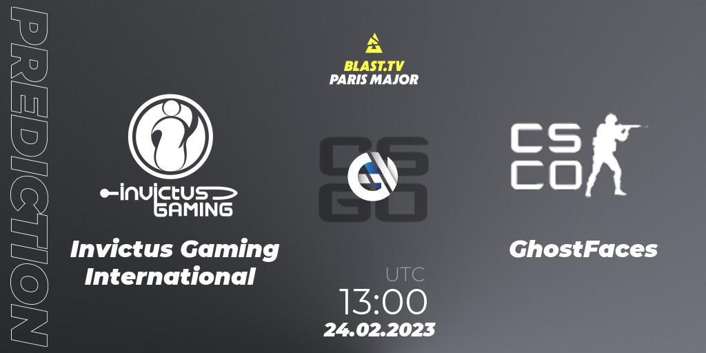Invictus Gaming International contre GhostFaces : prédiction de match. 24.02.2023 at 13:10. Counter-Strike (CS2), BLAST.tv Paris Major 2023 Middle East RMR Closed Qualifier