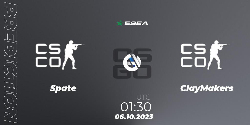 Spate contre ClayMakers : prédiction de match. 06.10.2023 at 01:50. Counter-Strike (CS2), ESEA Advanced Season 46 North America