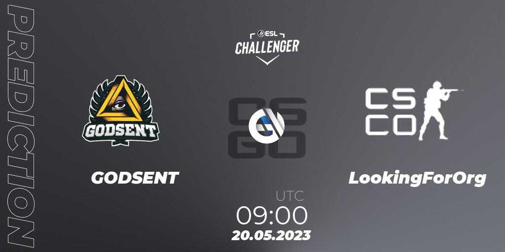 GODSENT contre LookingForOrg : prédiction de match. 20.05.2023 at 09:00. Counter-Strike (CS2), ESL Challenger Katowice 2023: European Qualifier