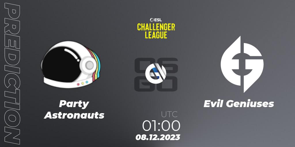 Party Astronauts contre Evil Geniuses : prédiction de match. 08.12.2023 at 01:00. Counter-Strike (CS2), ESL Challenger League Season 46: North America