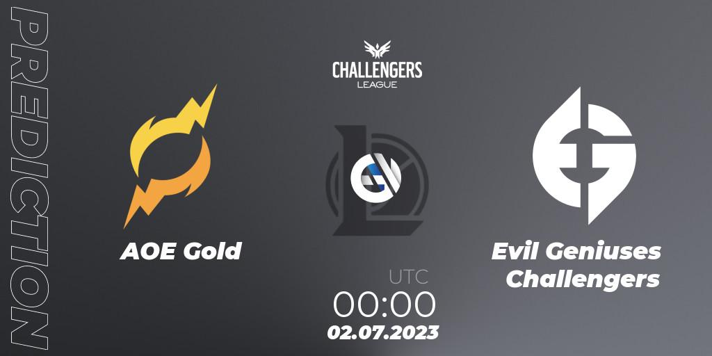 AOE Gold contre Evil Geniuses Challengers : prédiction de match. 02.07.2023 at 00:00. LoL, North American Challengers League 2023 Summer - Group Stage