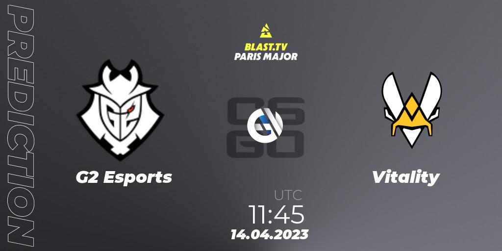 G2 Esports contre Vitality : prédiction de match. 14.04.2023 at 10:35. Counter-Strike (CS2), BLAST.tv Paris Major 2023 Europe RMR B