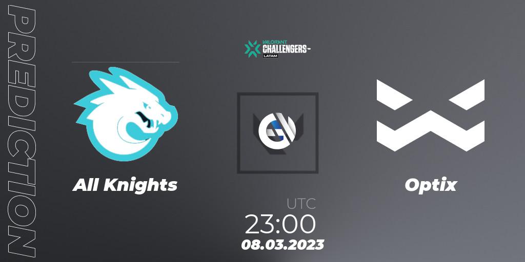 All Knights contre Optix : prédiction de match. 08.03.2023 at 23:00. VALORANT, VALORANT Challengers 2023: LAS Split 1